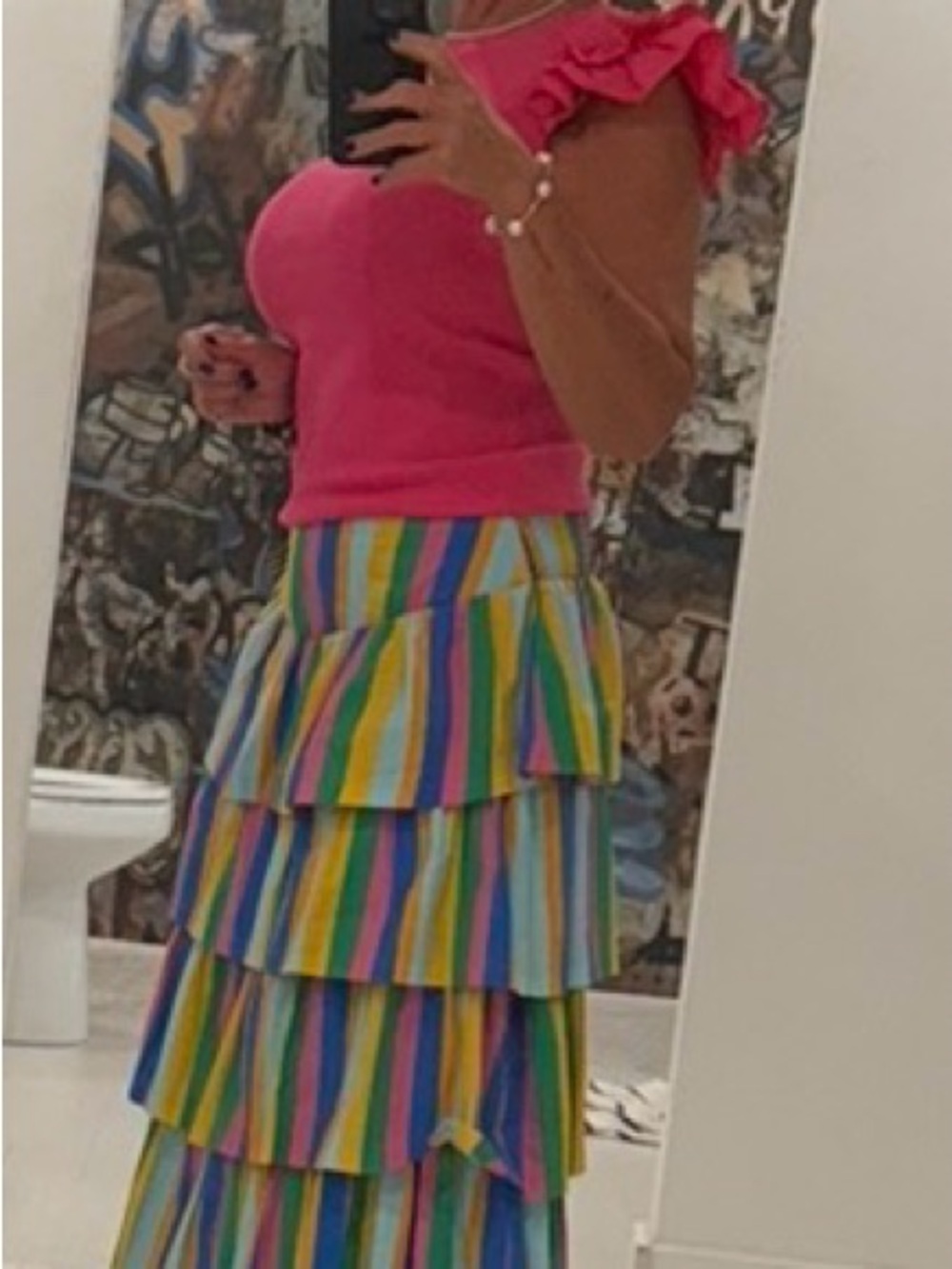Sugarlips Multi-Striped Tiered Ruffle Maxi Skirt - Pink Accent